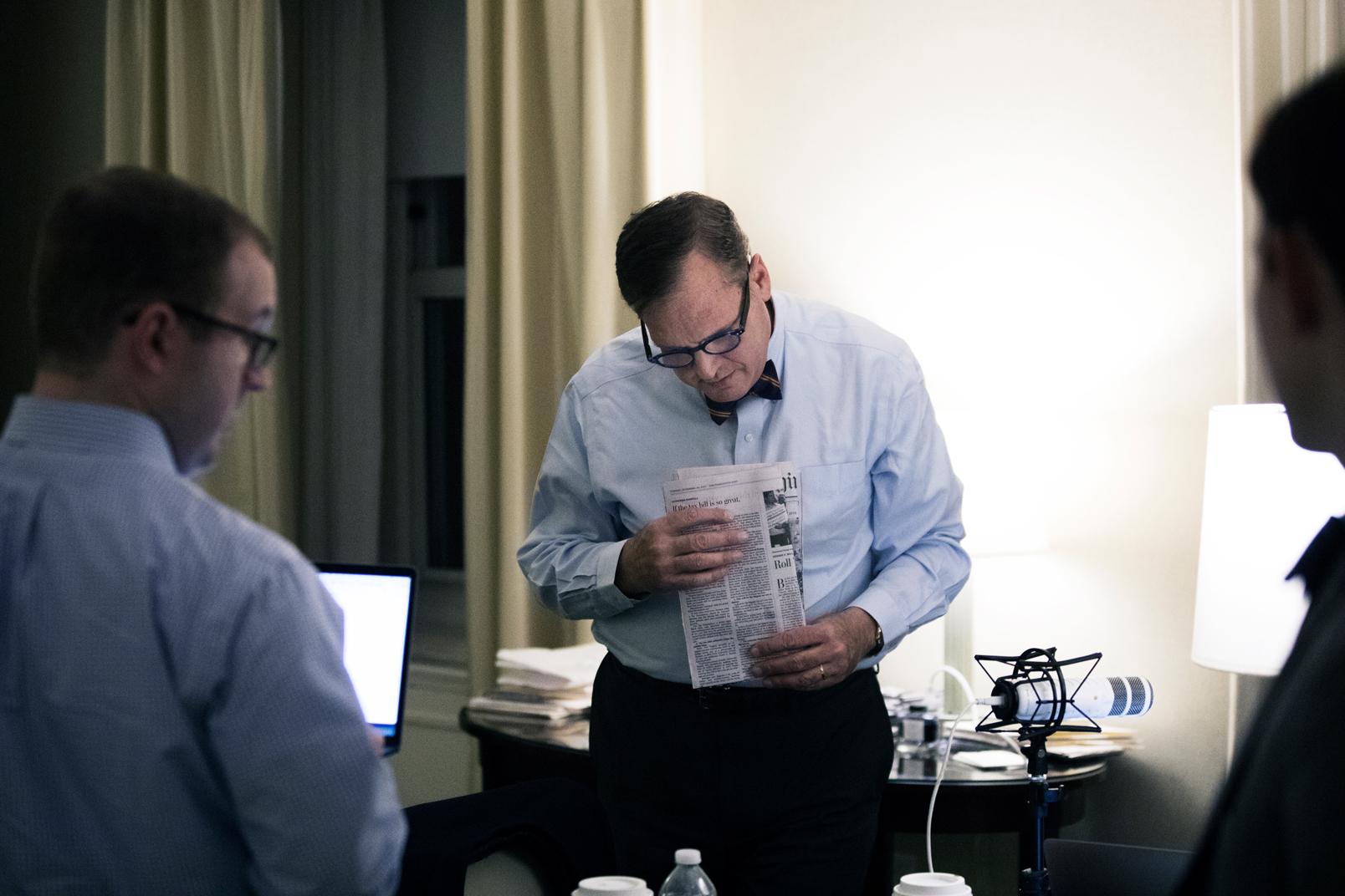 Mohler prepares to record an episode of The Briefing in a hotel room in Providence, Rhode Island. 