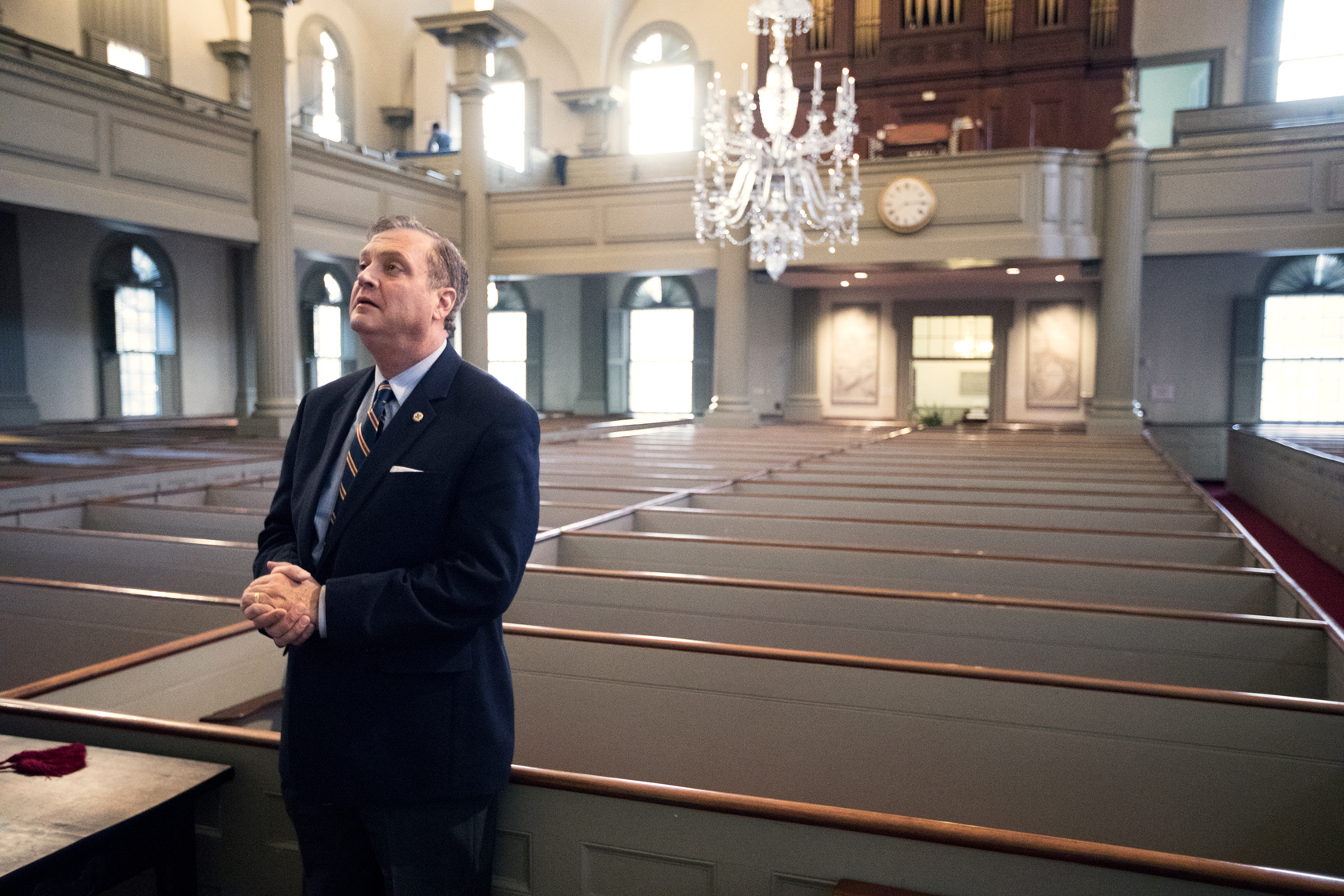 Mohler stands in the sanctuary of the First Baptist Church in America in Providence, Rhode Island.