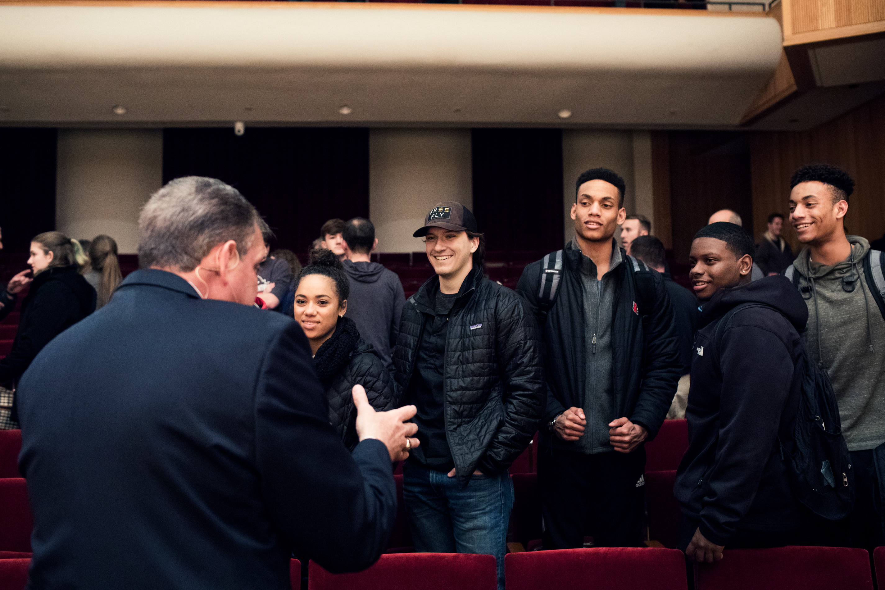 Mohler talks with students after the inaugural Ask Anything Tour event at the University of Louisville.