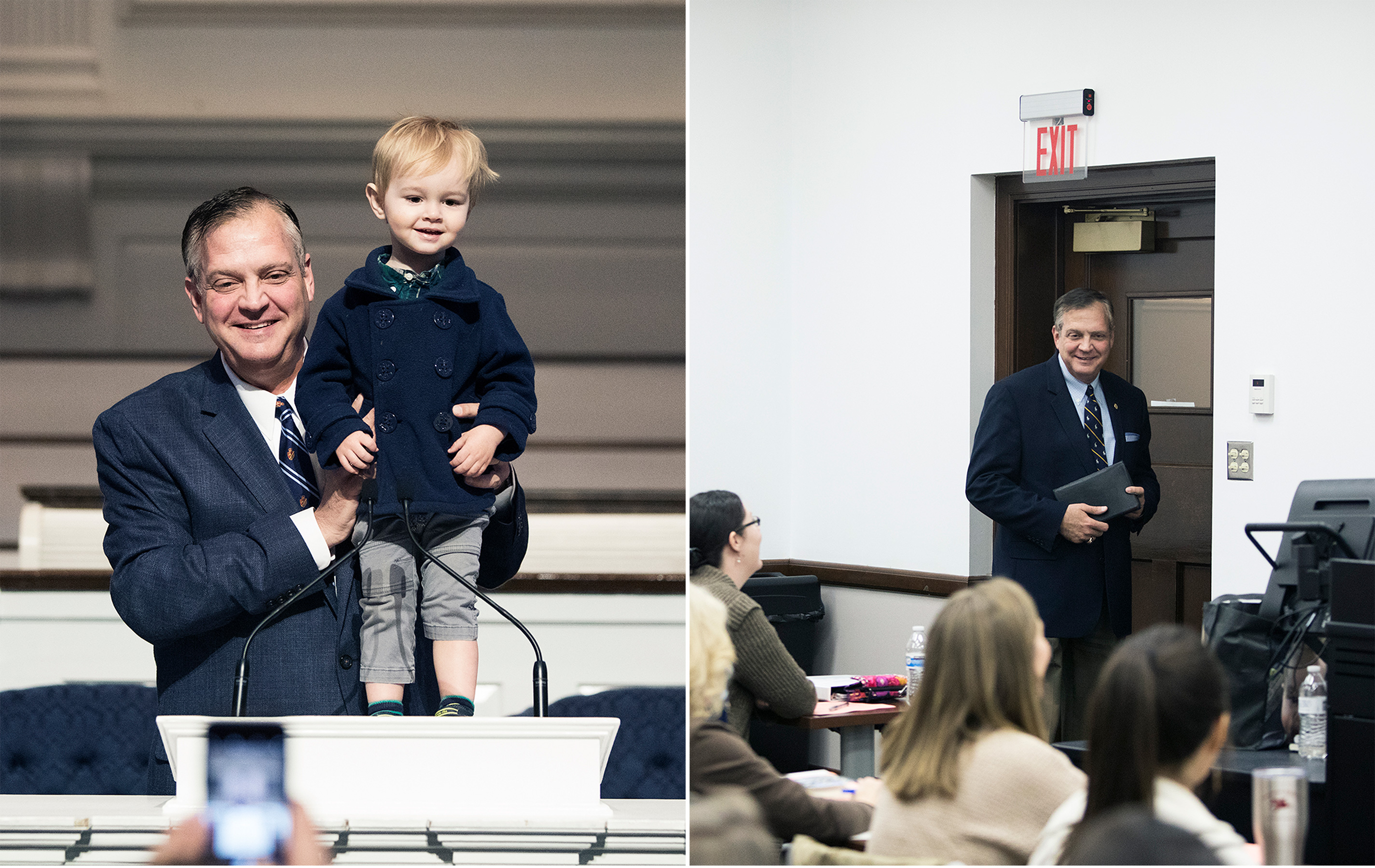 Mohler stands his grandson, Benjamin, on the pulpit of Alumni Memorial Chapel. & Mohler interrupts a class of the Seminary Wives Institute to greet his wife.