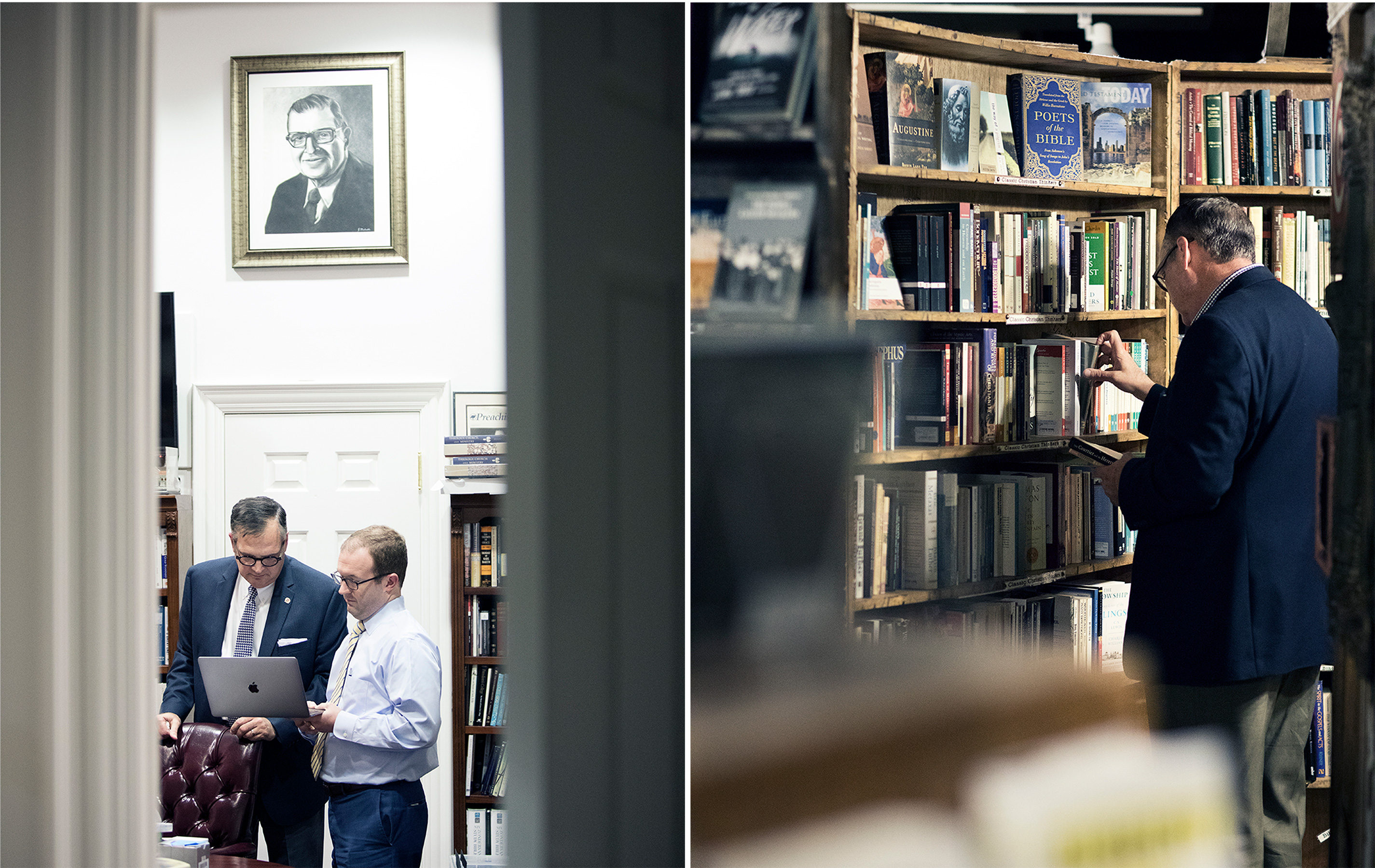 Mohler browses the shelves at the Last Bookstore in Los Angeles before his Ask Anything Tour event at UCLA. & Mohler and Colby Adams after a long day on February 21 — the day evangelist Billy Graham died.