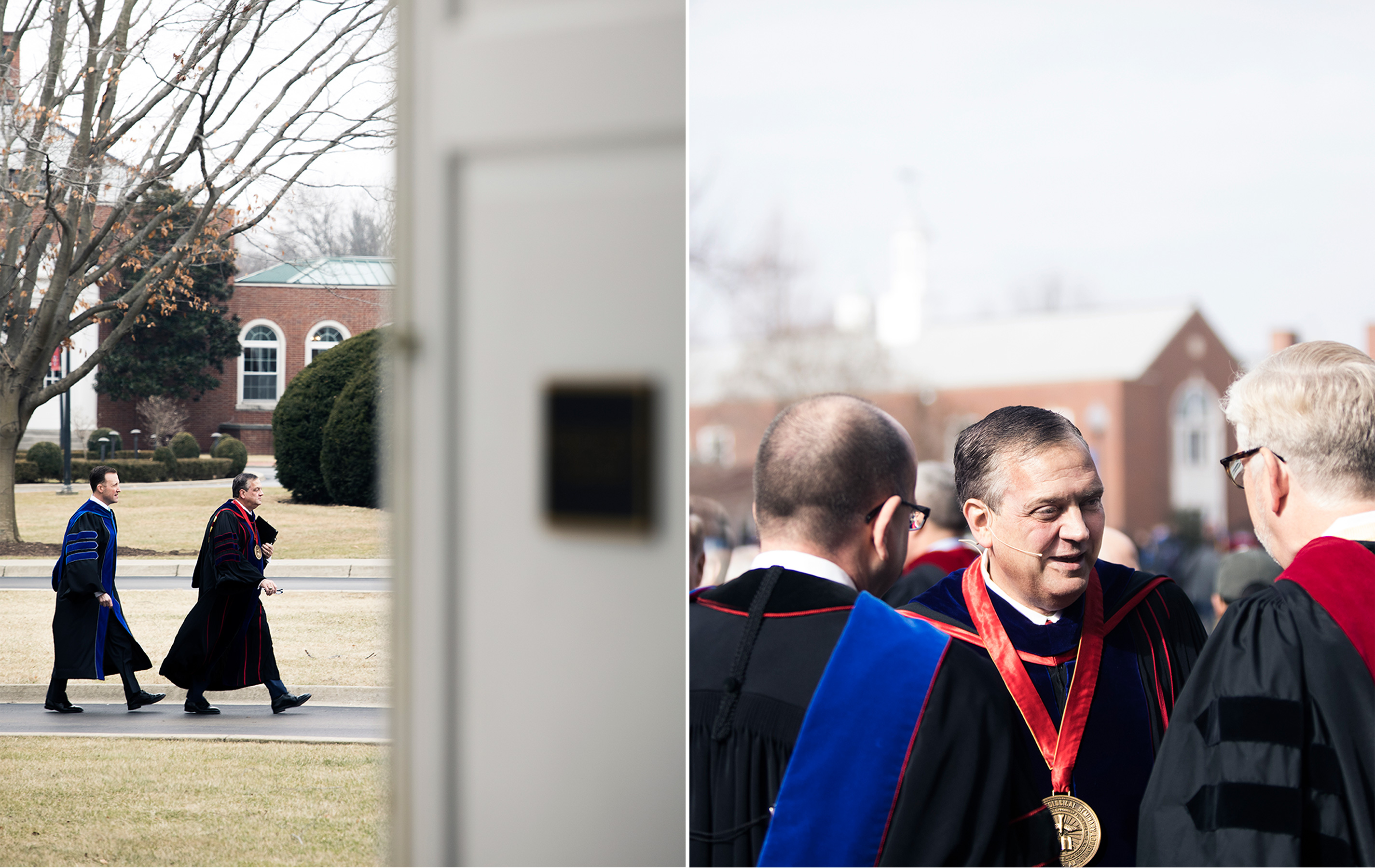 Mohler with deans Hershael W. York and Adam W. Greenway after convocation. & Mohler and Boyce College dean Matthew J. Hall walk to chapel before spring convocation.